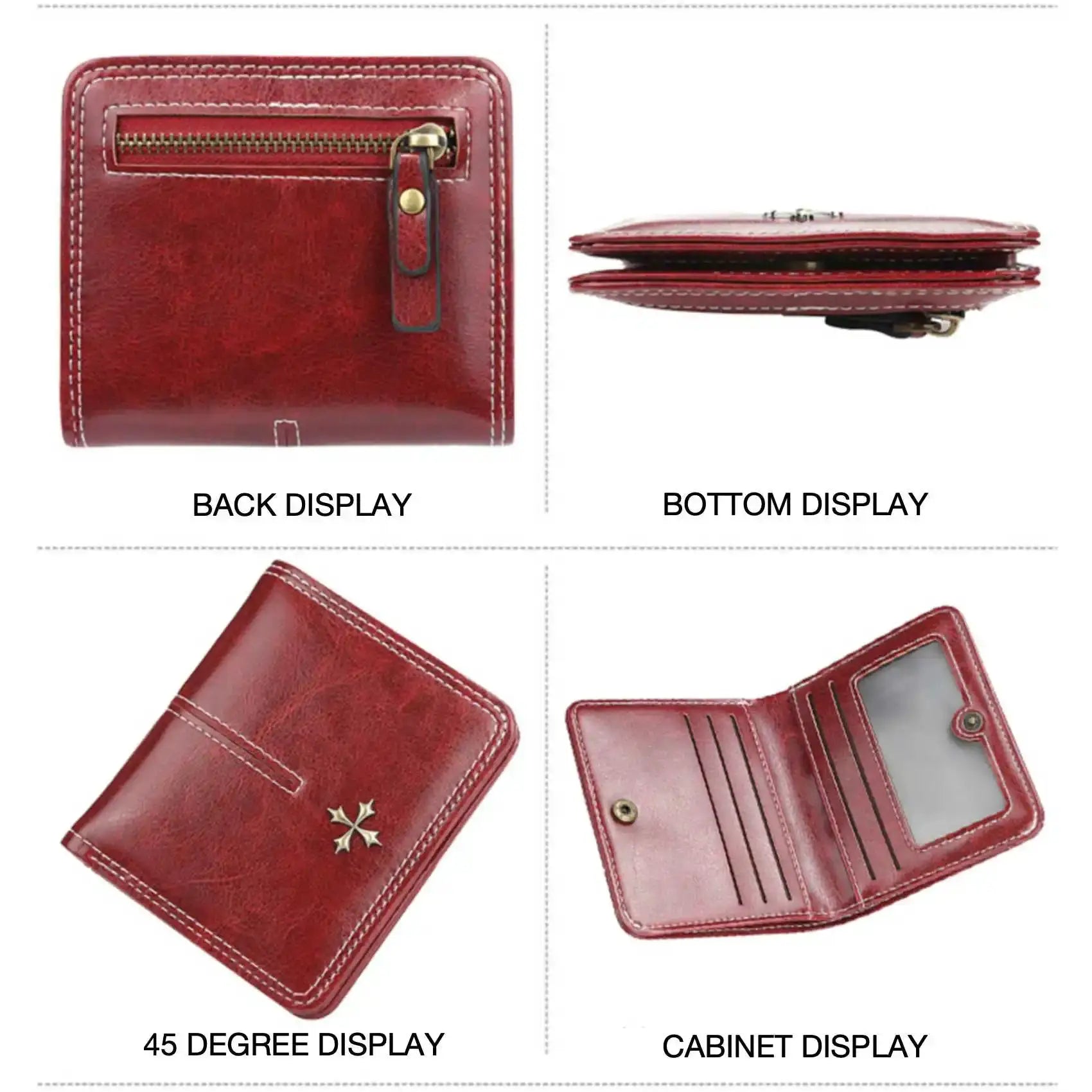 Women's red oil-wax PU wallet with zipper coin pocket and card slots, Simples Market