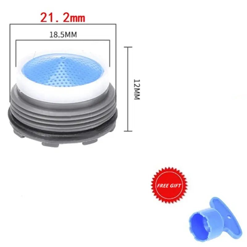 Simples Market water-saving faucet aerator with replaceable thread adapter; blue mesh interior and blue adapter
