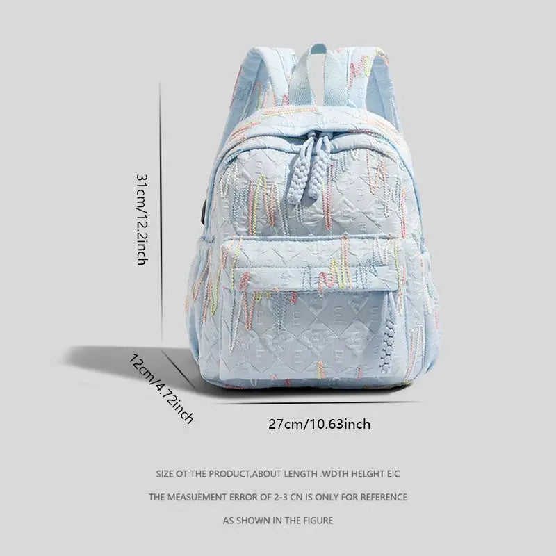 Women's mini backpack by Simples Market in light blue with zipper closure and adjustable straps, stitched pattern