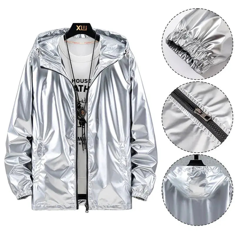 Men's shiny silver hooded bomber jacket with front zipper, metallic windbreaker style