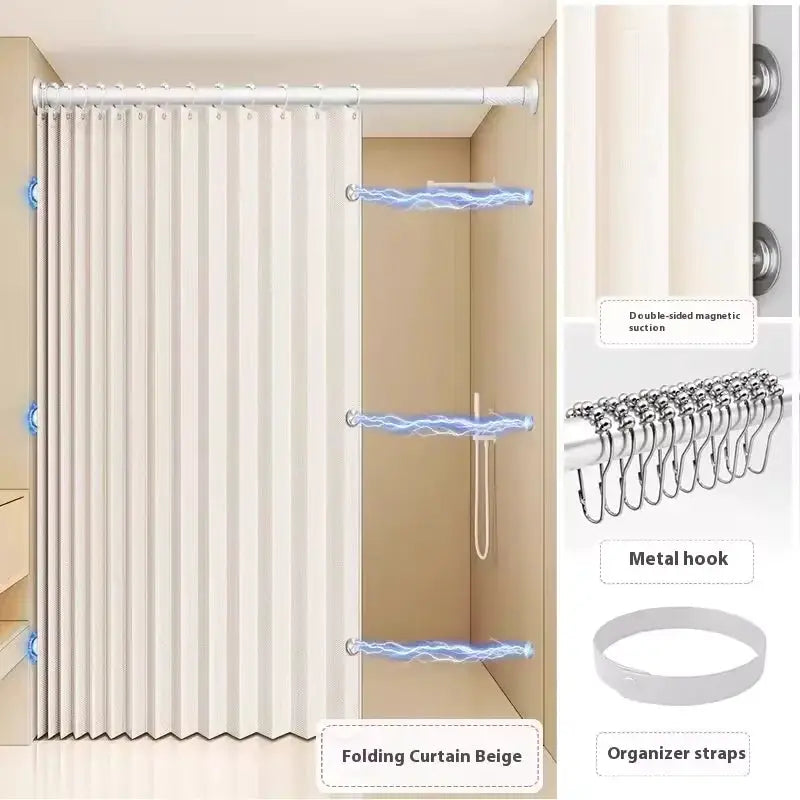 Magnetic foldable linen bath curtain, beige, waterproof for walk-in shower; adjustable rod not included.