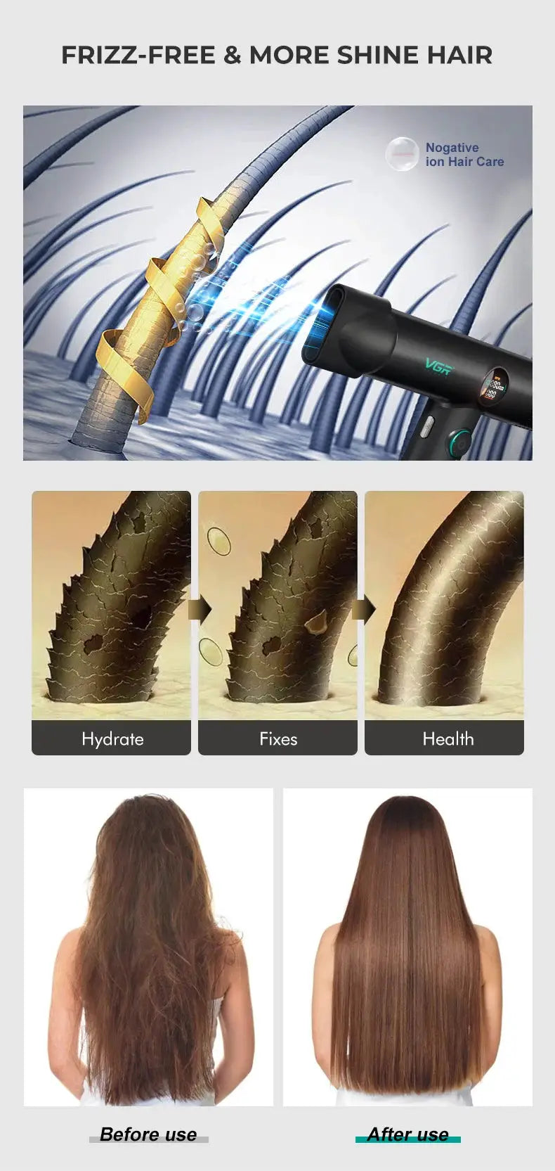 VGR V-401 professional hair dryer by Simples Market with hot/cold settings and 110000 RPM brushless motor