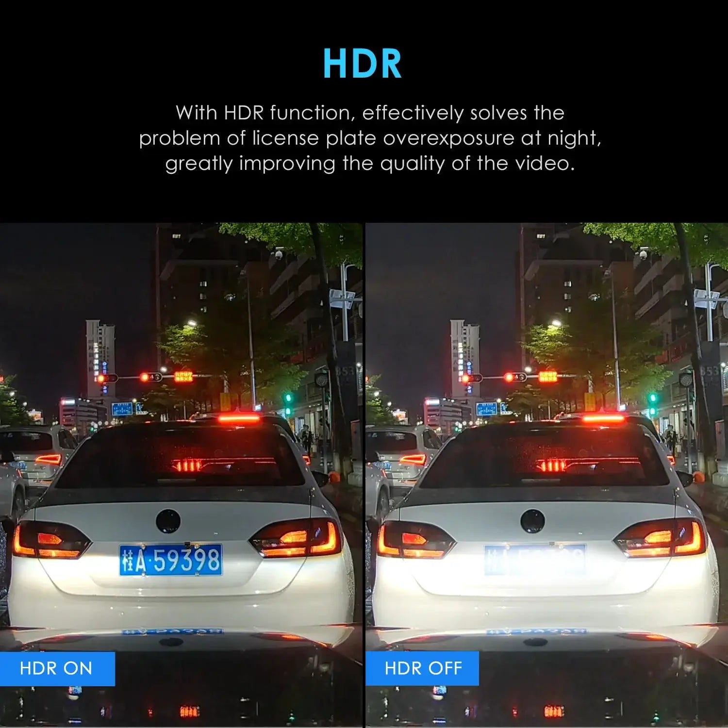 VIOFO A119 V3 2K dash camera by Simples Market; HDR on/off split-screen night street behind a white car with blue plate