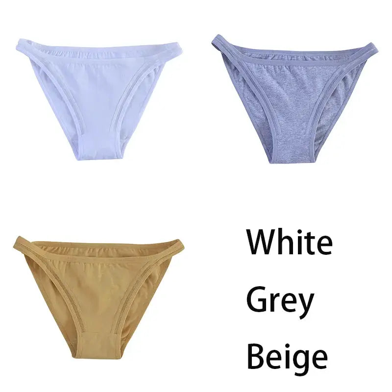 3-piece set of women’s cotton bikini panties in white, grey, beige