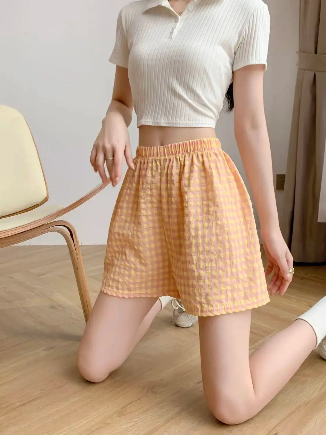 Summer Home Shorts for Women, peach plaid, high-waisted, loose casual fit