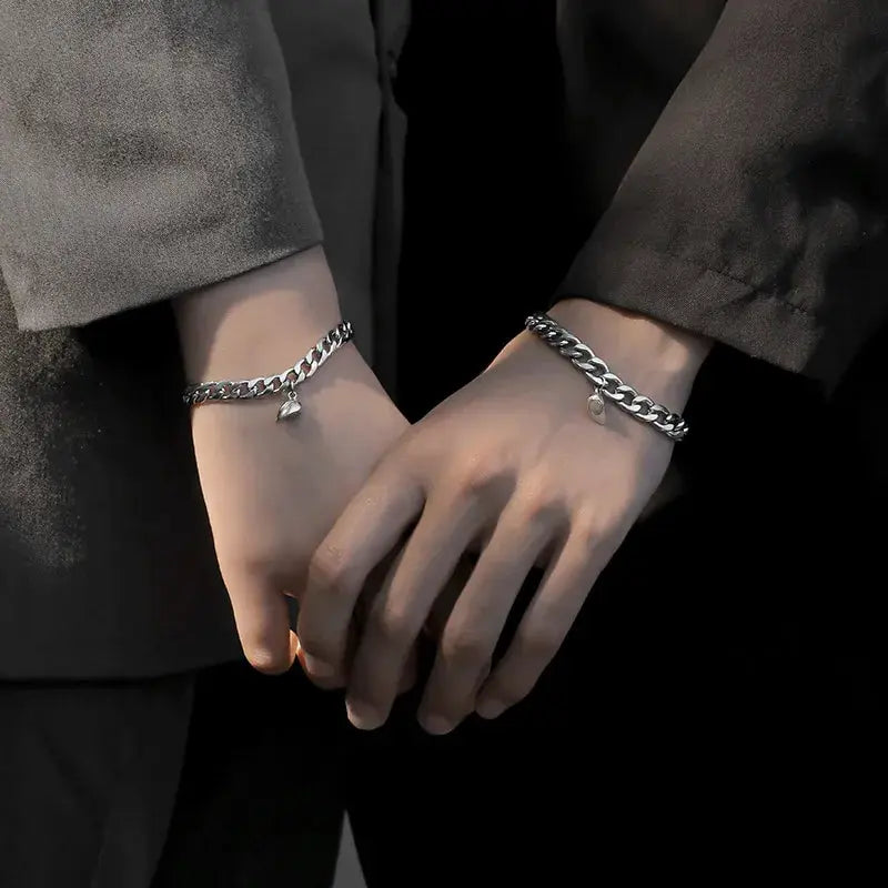 Two Piece Set Magnetic Couple Bracelets Heart Attraction Stainless Steel Cuban Chain Key Lock Jewelry Gifts