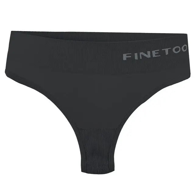 Thong underwear, black seamless high-waist for women with FINETOO logo waistband