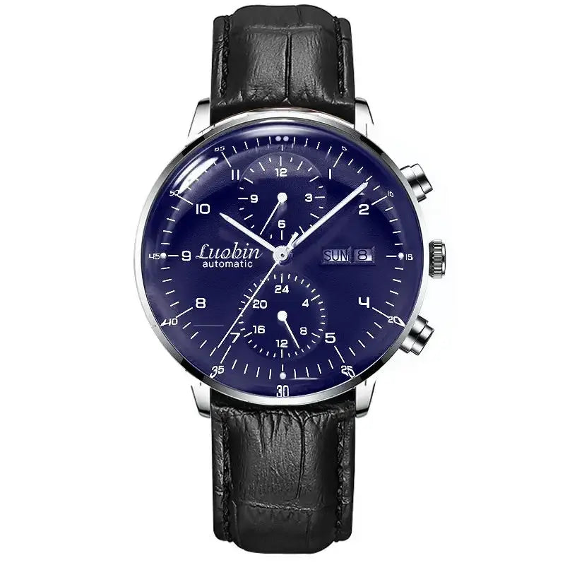 Men's automatic wristwatch Lubin with blue dial, stainless steel case, black leather strap, day/date window