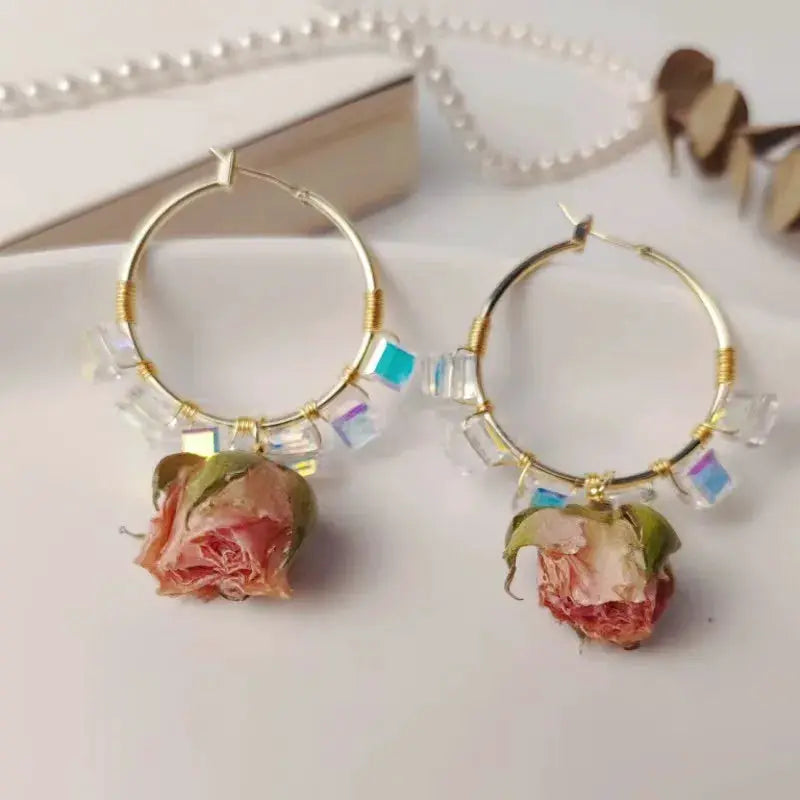 Gold hoop earrings with dried pink rose charms and iridescent beads, 2-piece set