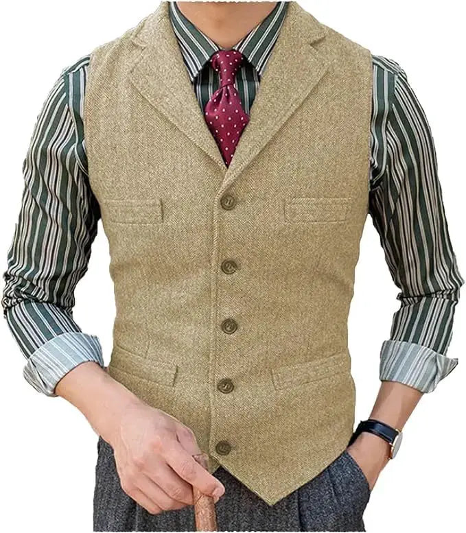 Simples Market men's wool herringbone vest waistcoat in tan beige with lapel, V-neck, 5-button front.