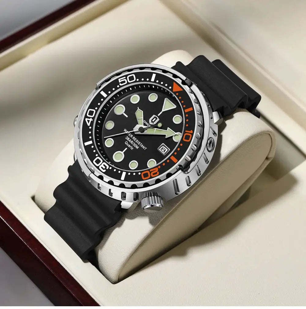 QINGXIYA sports men's quartz watch with silicone strap, black dial, orange bezel, luminous markers, water resistant