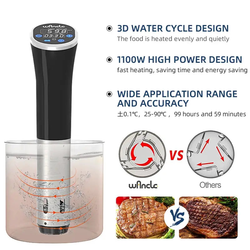 Wancle 1100W Sous Vide Immersion Circulator With LCD Touch Display IPX7 Waterproof Precise Vacuum Cooking