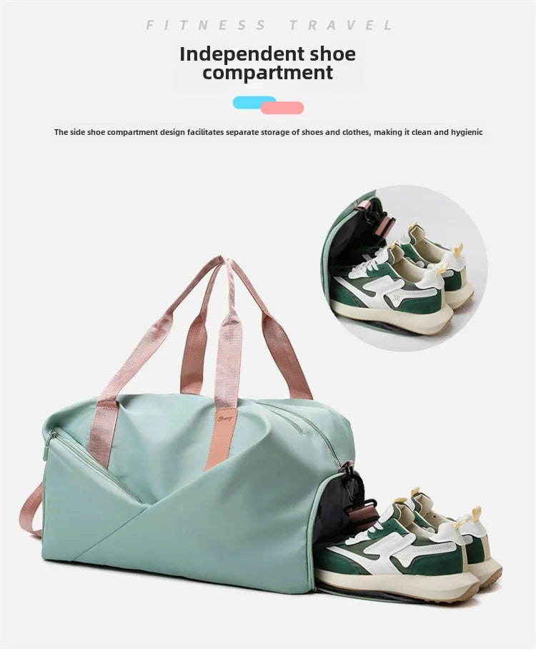 Fitness bag by Simples Market in mint teal with pink handles and shoe compartment.