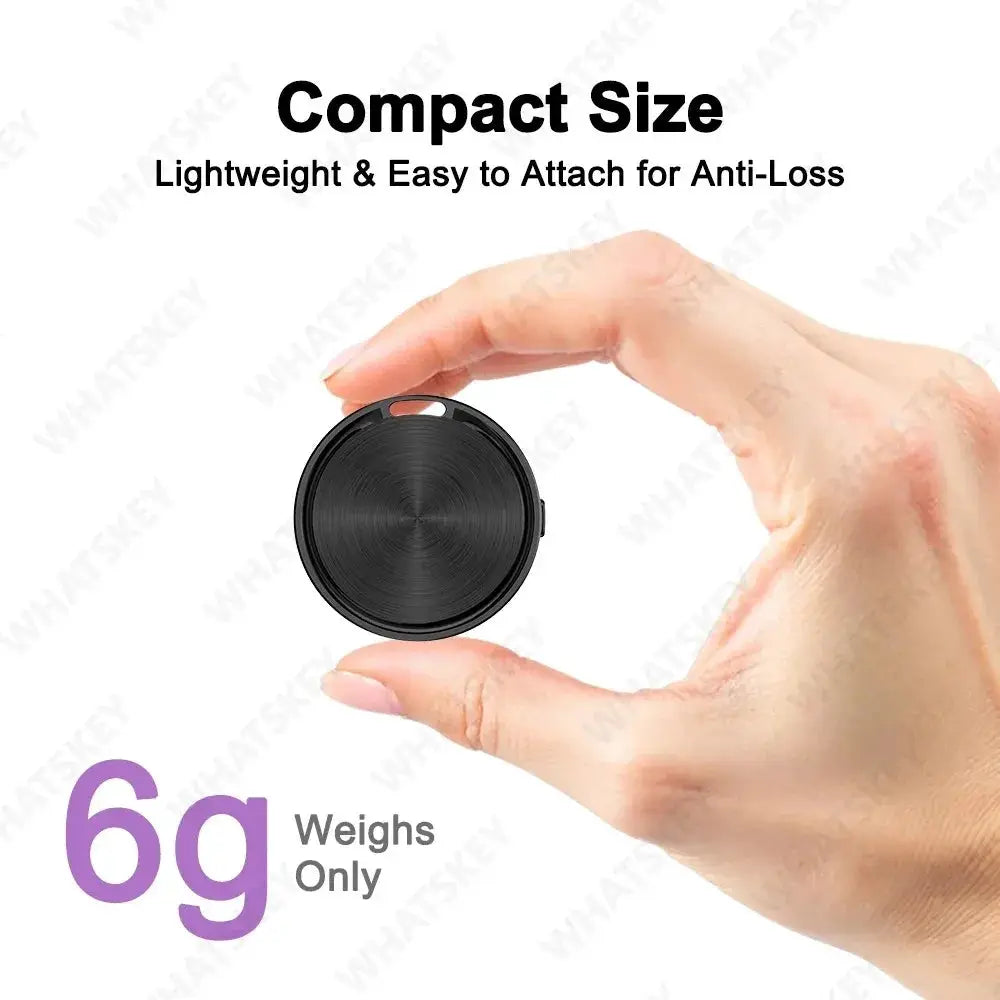 Bluetooth tracker tag by Simples Market, circular black keyfinder, 6g lightweight, held in hand
