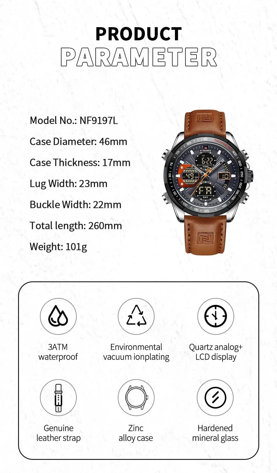 NAVIFORCE men's sport watch by Simples Market; brown genuine leather strap, black dial, quartz analog+LCD dual display.