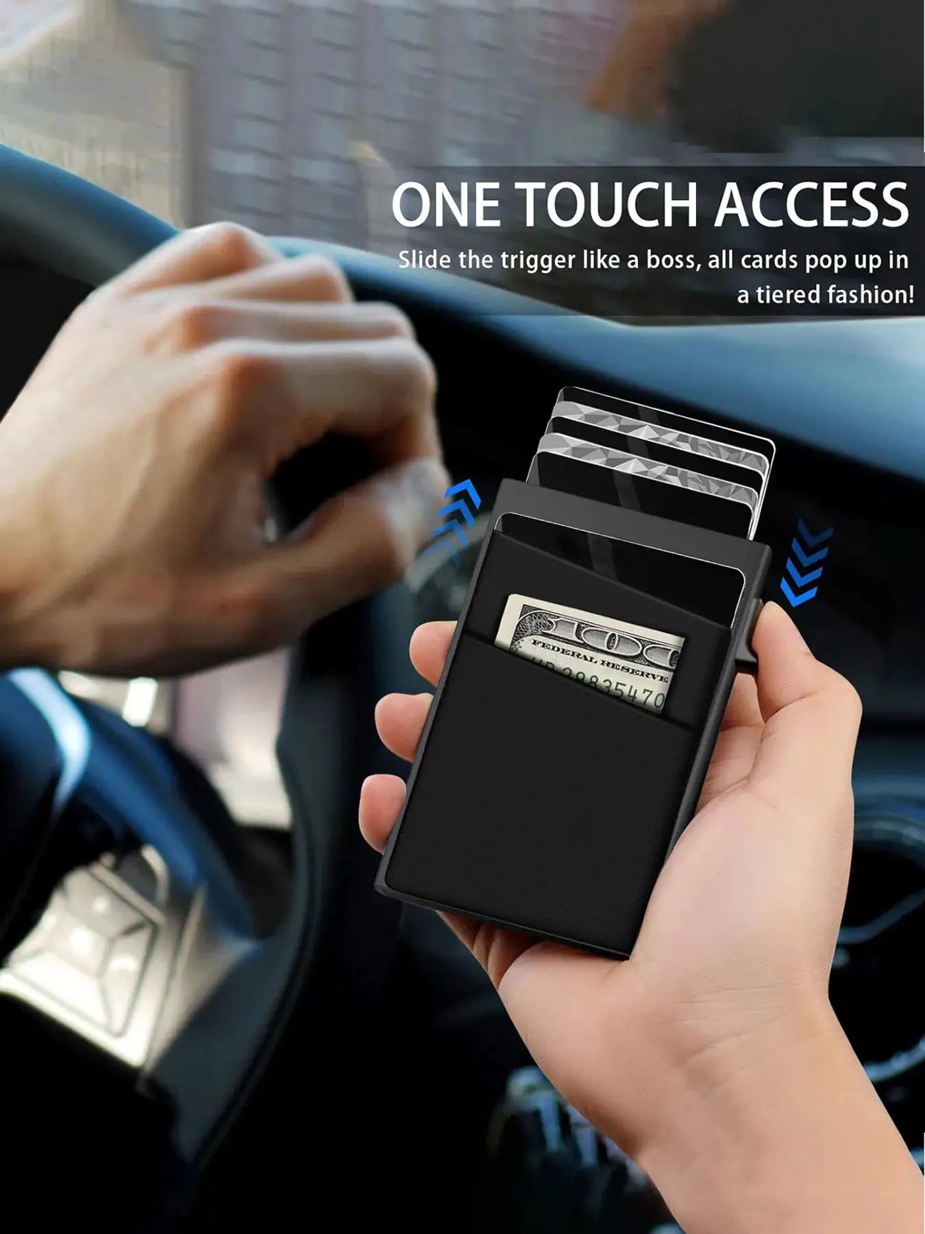 Simples Market black aluminum RFID cardholder wallet with one‑touch access and multiple card slots