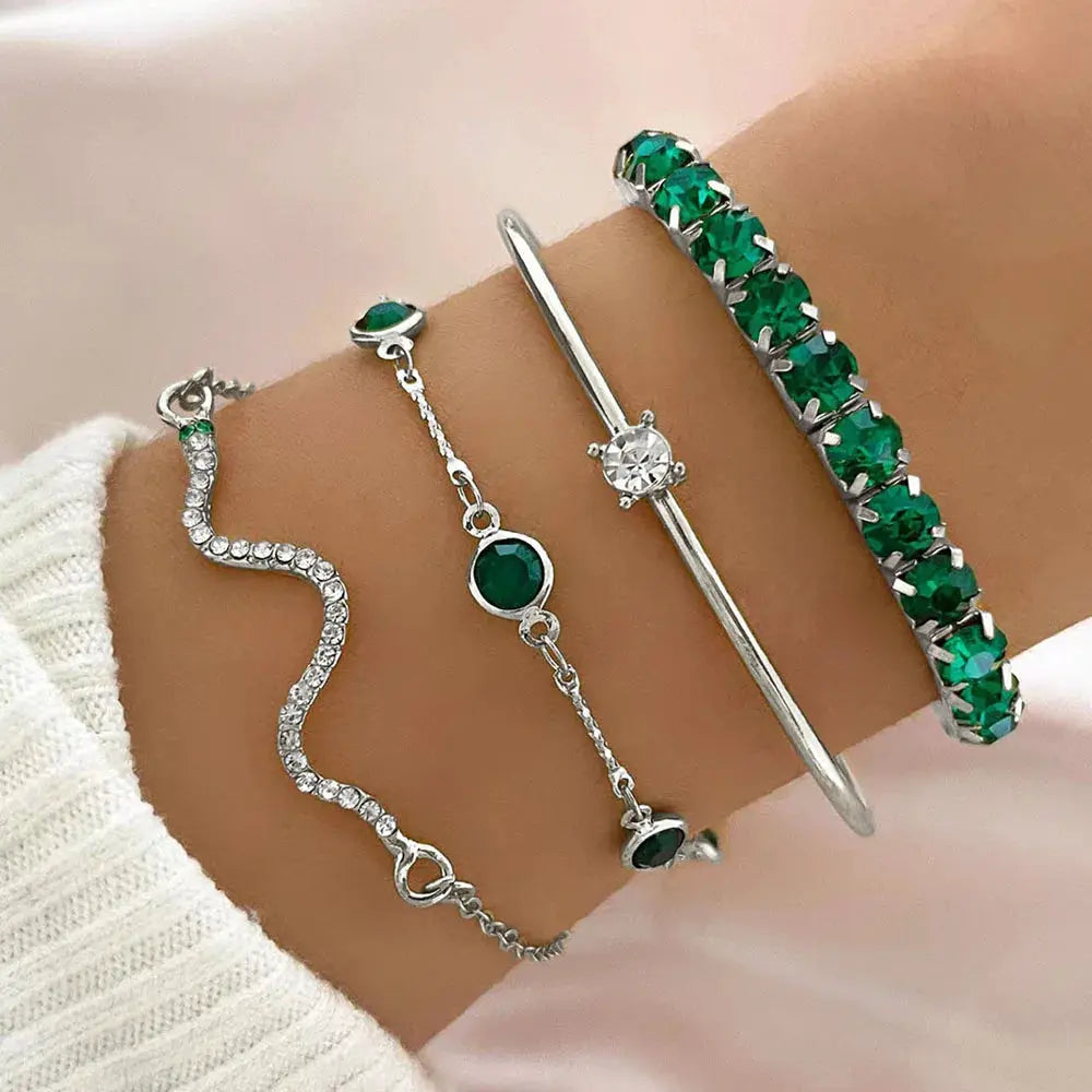 Set Of Four Snake Pattern Gemstone Bangles With Rhinestones Full Metal Bracelets For Women Birthday Party Gift