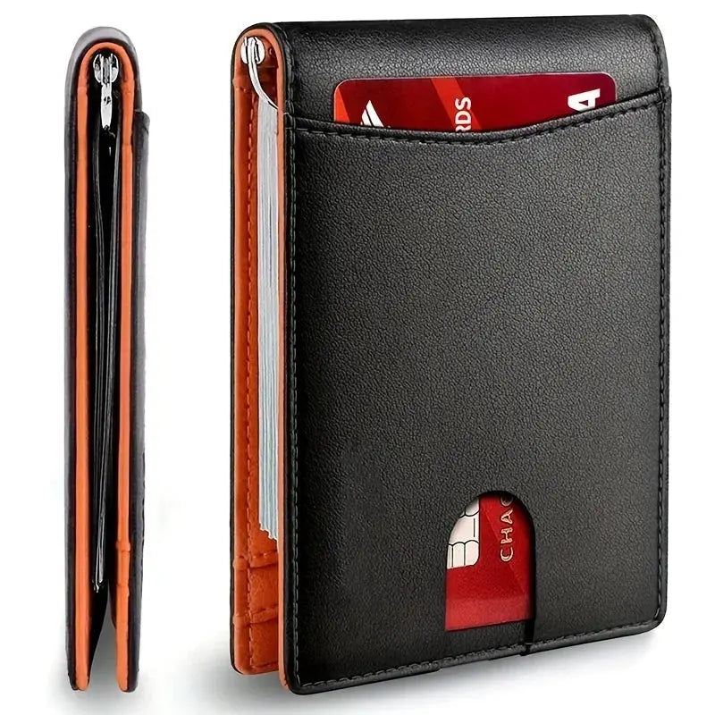 Simples Market black synthetic leather slim men's wallet with orange interior and RFID-blocking card slots.