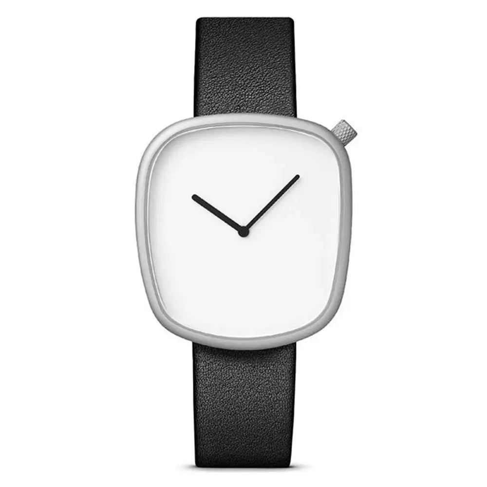 TOMI watch minimalist square design with white dial, black hands, and black leather strap