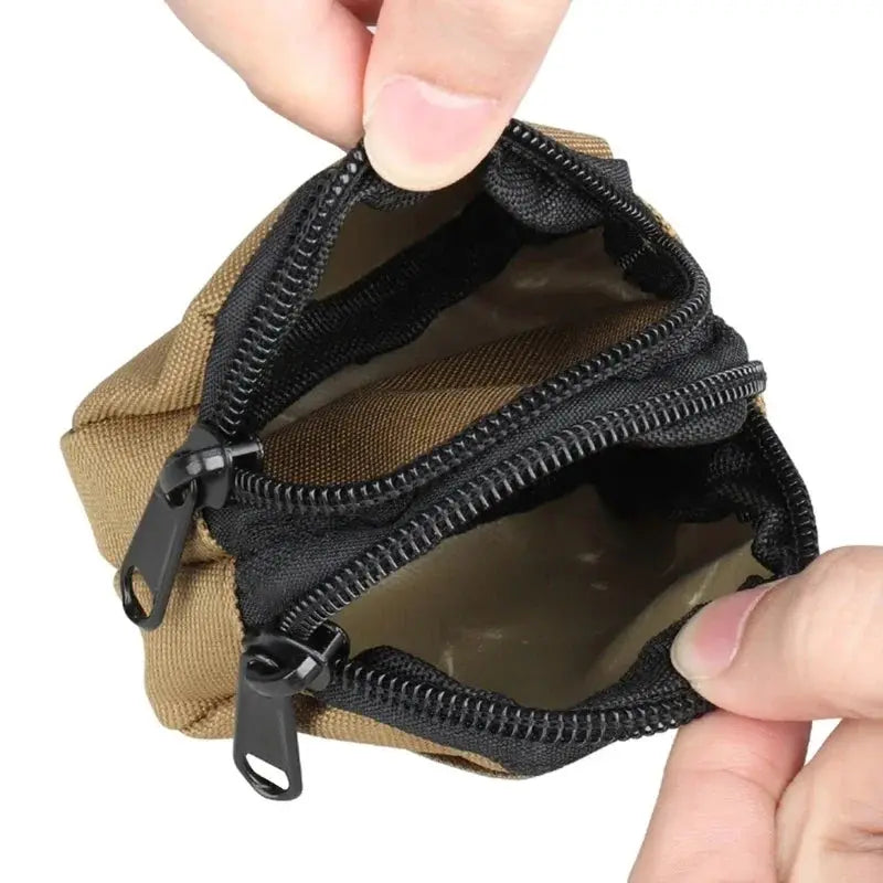Nylon double-zipper coin purse by Simples Market, tan tactical Molle pouch for keys and cards.