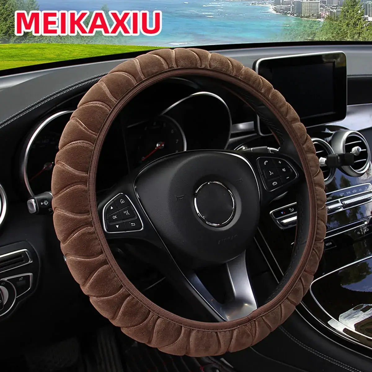 Steering wheel cover, brown soft short-fur plush with segmented texture for 14.5–15 inch wheels, Simples Market