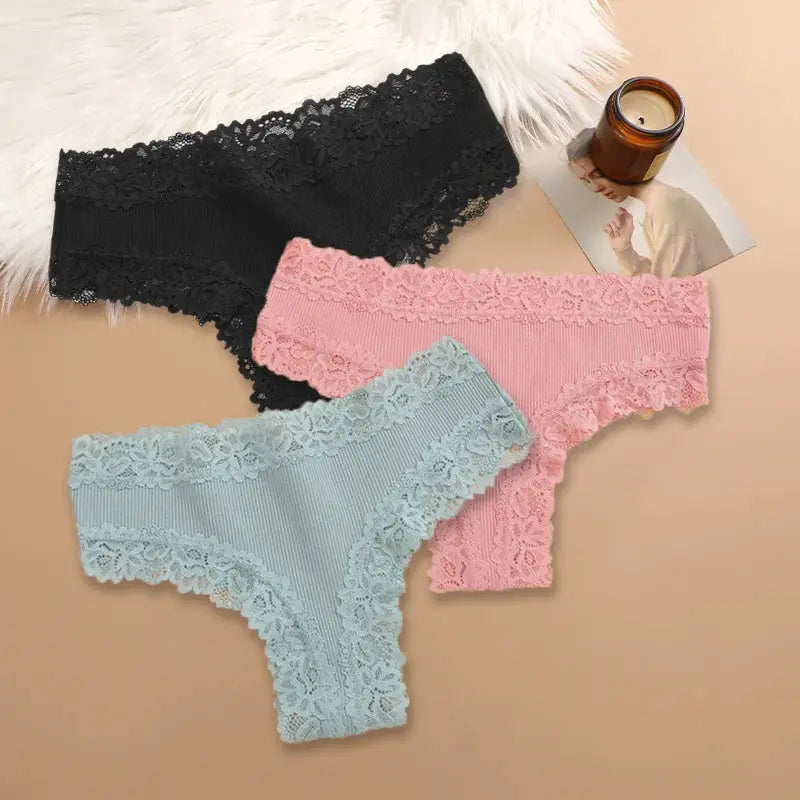 3-piece women's cotton panties set with floral lace trim in black, pink, and blue by Simples Market
