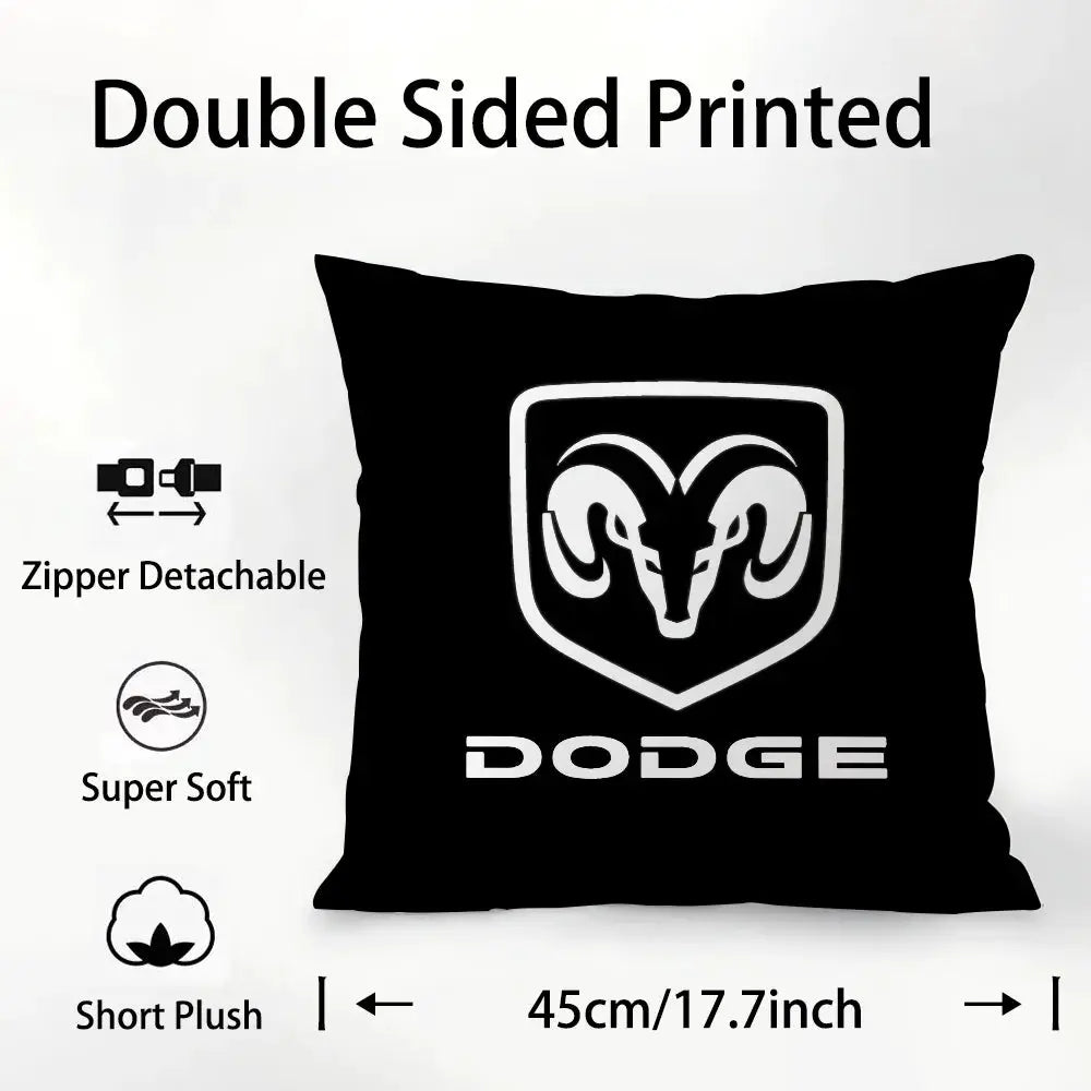 Dodge RAM logo pillow cover, black with white logo, double-sided print, plush fabric, zipper detachable