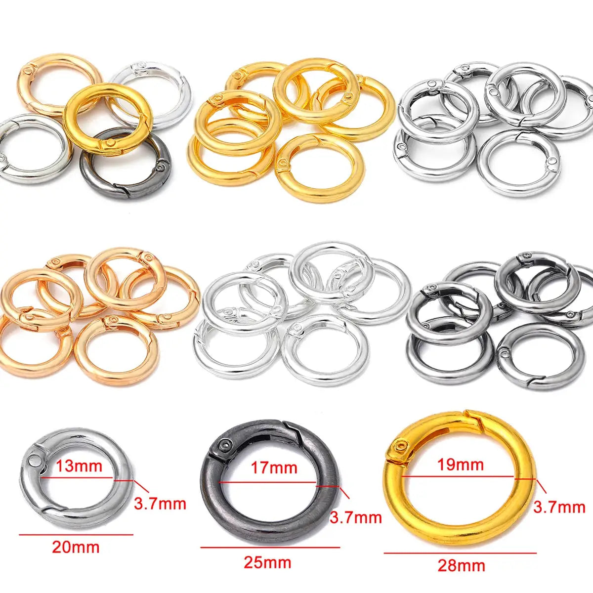 Simples Market alloy open spring ring set, 10 pcs in gold, silver, and rose gold for keychains and luggage; assorted sizes 20–28 mm.