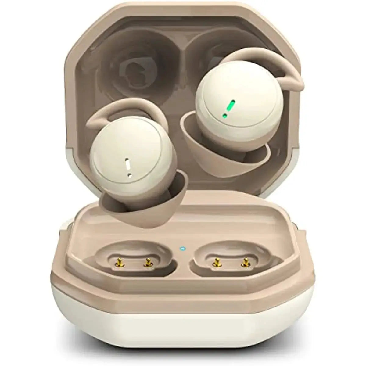 Beige Bluetooth wireless sleep earbuds in charging case; two earpieces with a green indicator light.