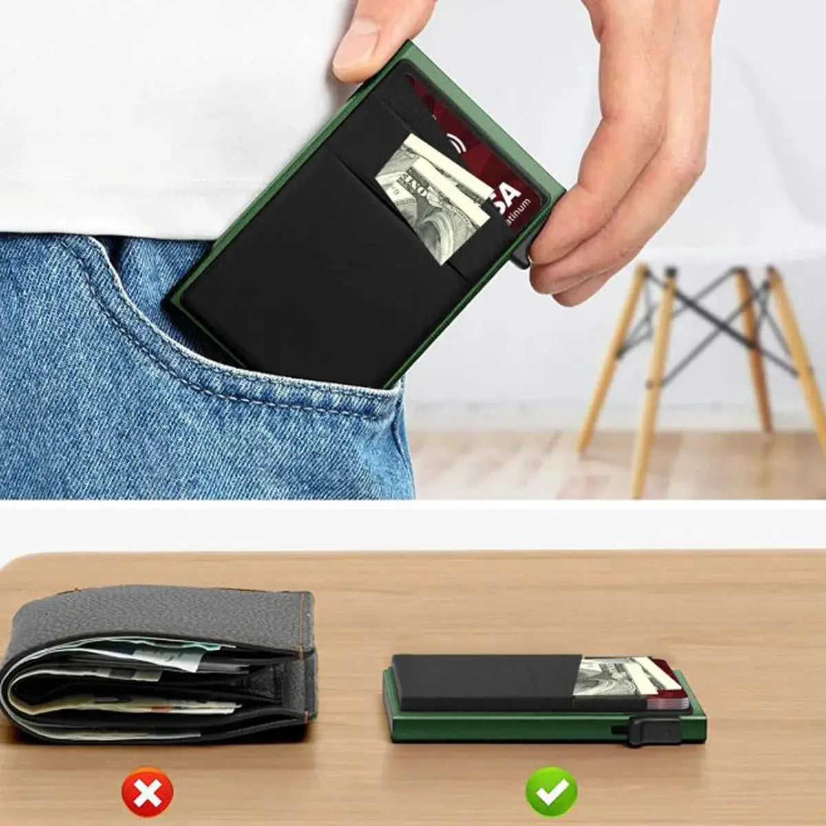 Simples Market anti-theft card holder wallet, green aluminum RFID protection card case