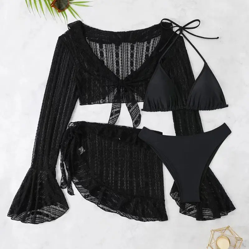 2026 Four Piece Women Swimsuit With Long Sleeve Cover Up Solid Bikini Set For Brazilian Beachwear Summer Parties