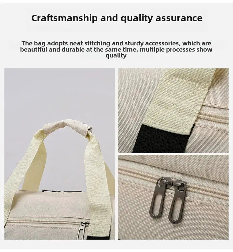 Expandable travel duffle bag by Simples Market; beige canvas with cream straps and metal zippers