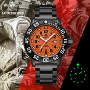 Addiesdive men's military-style watch with orange dial and black steel strap.