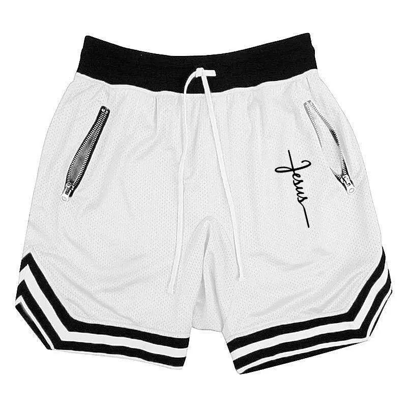 Men's white basketball shorts with black waistband, zip pockets, mesh fabric, striped hem