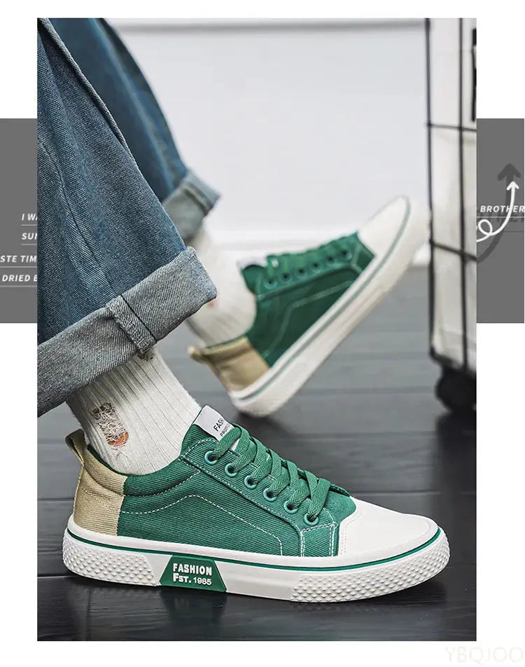 Men's green canvas sneakers with white toe cap and beige heel, two sneakers shown