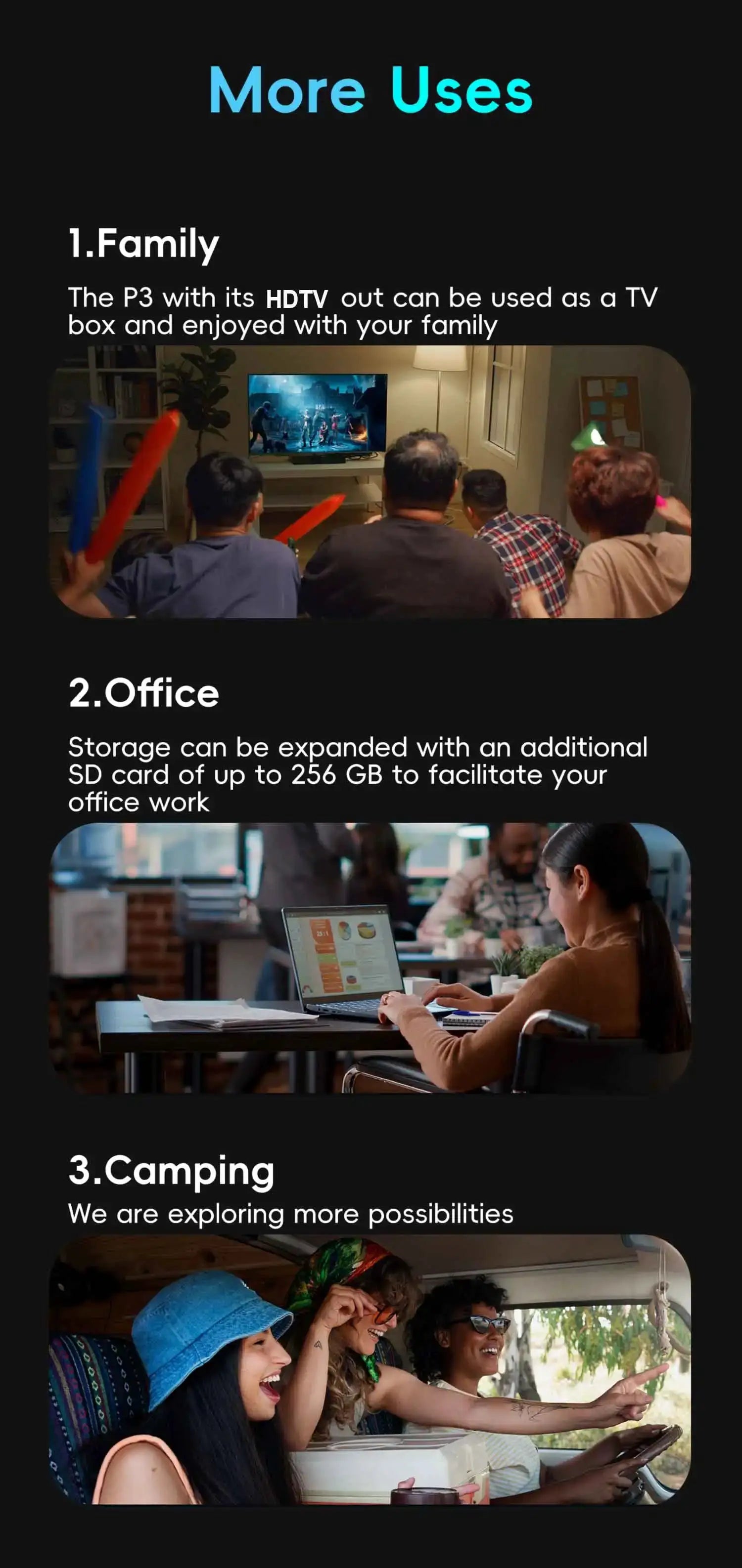 OTTOCAST P3 OttoAibox car infotainment box marketing graphic showing family, office and camping uses