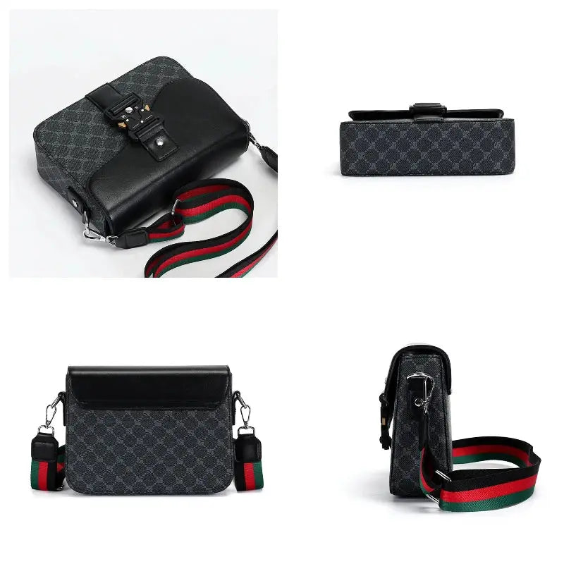 Crossbody bag by Simples Market with jacquard pattern, black leather trim, and green-red striped strap
