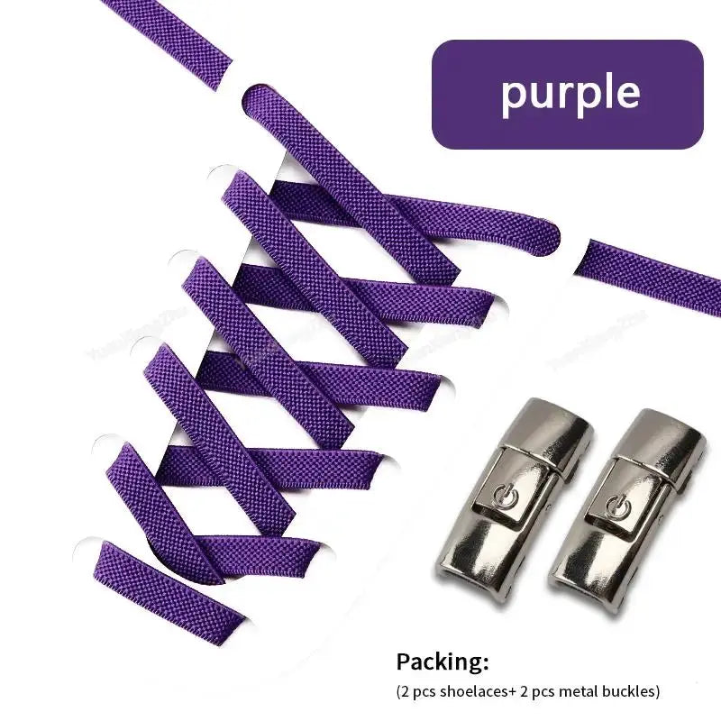 Simples Market purple press-lock elastic no-tie shoelaces with metal buckles, 8mm wide; 2 shoelaces and 2 buckles included