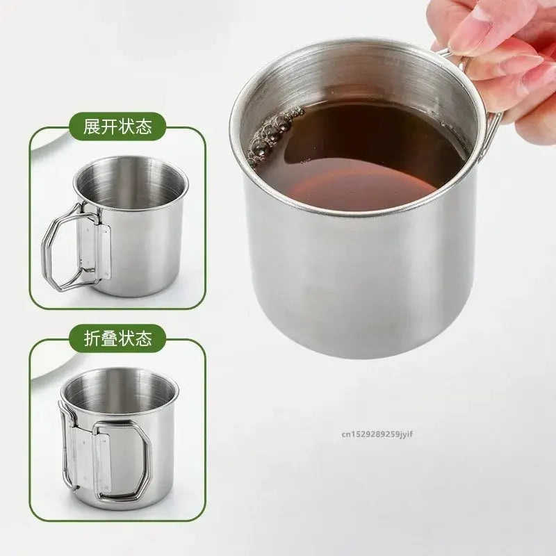 Stainless steel camping cup with foldable handle, 250–700ml, Simples Market outdoor drinkware