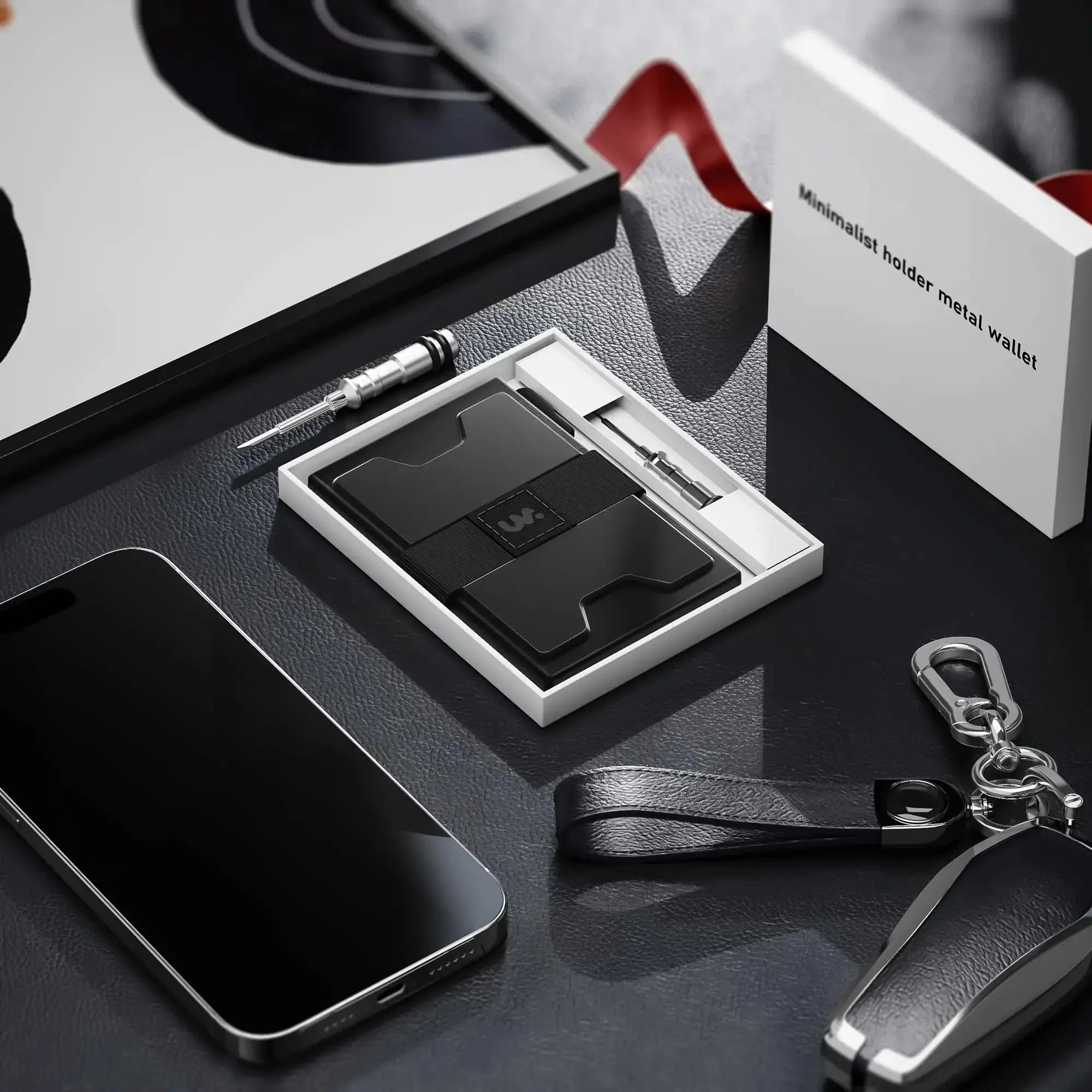 Slim Card Holder Wallet for Men with metal pop-up design and cash band, black finish, packaged in a white box