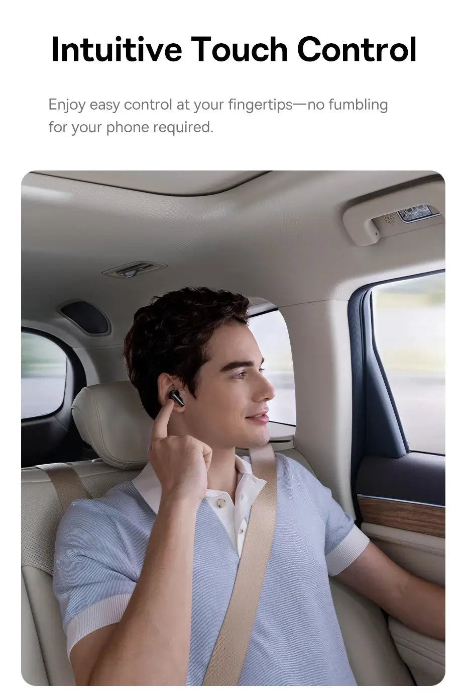 Baseus Bass BP1 Pro wireless earbuds, black, worn by a man in a car