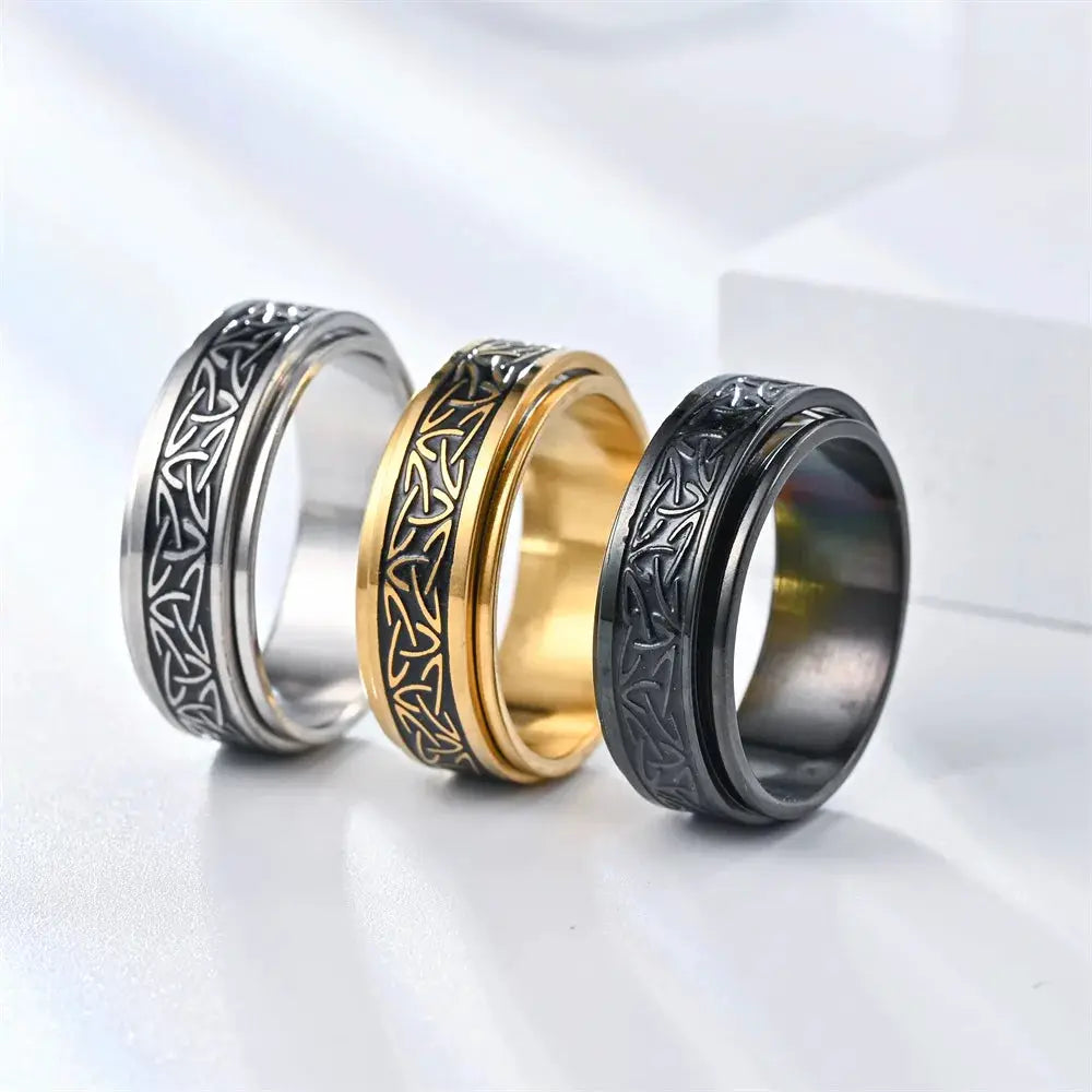 Viking Celtic Rune rings for men, rotating stainless steel; silver, gold and black finishes set of 3 by Simples Market