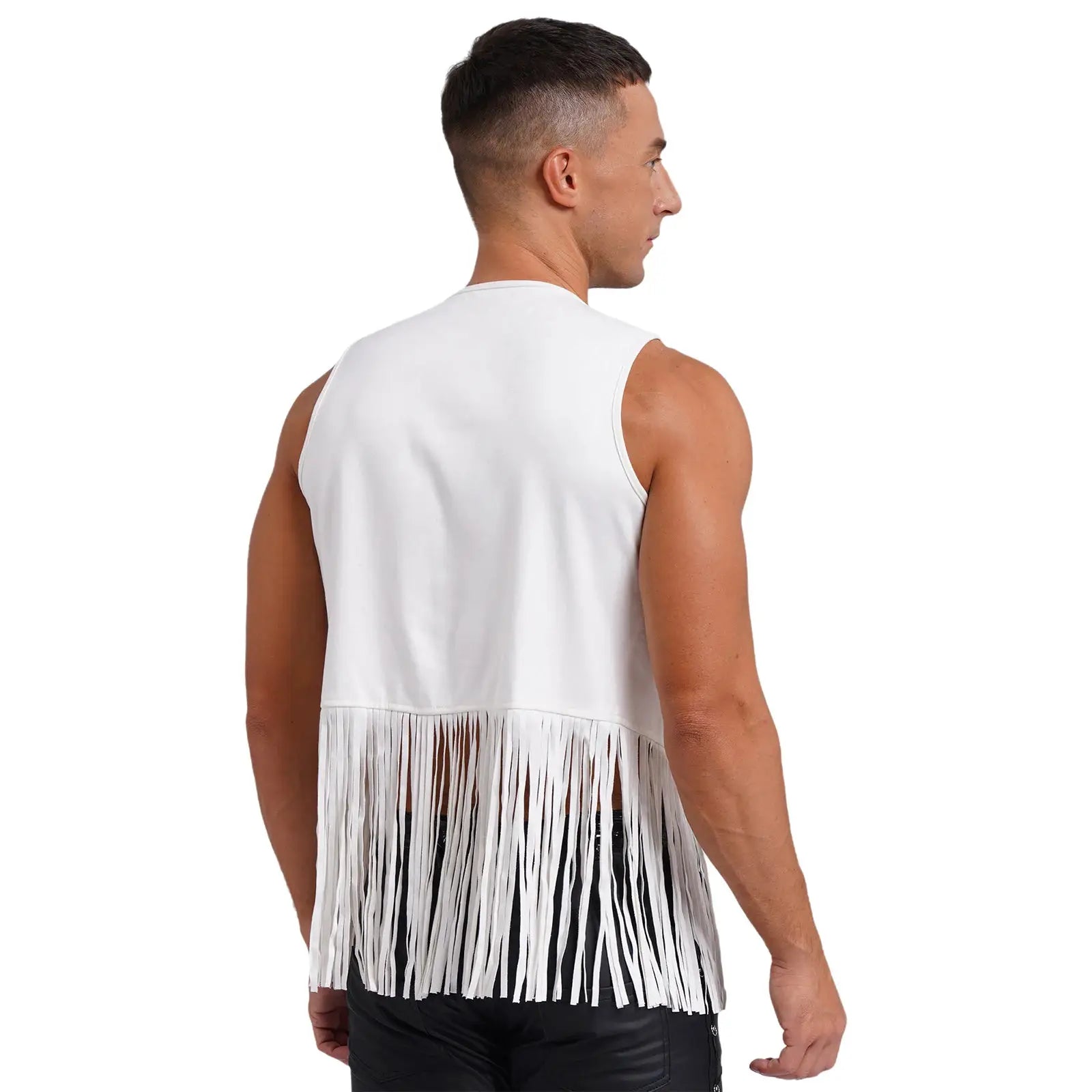 White faux suede tassel vest with long fringe hem, sleeveless open-front waistcoat