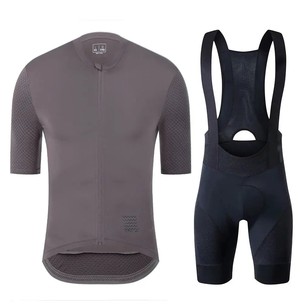 YKYWBIKE two-piece cycling jersey set featuring grey short-sleeve jersey and black bib shorts by Simples Market