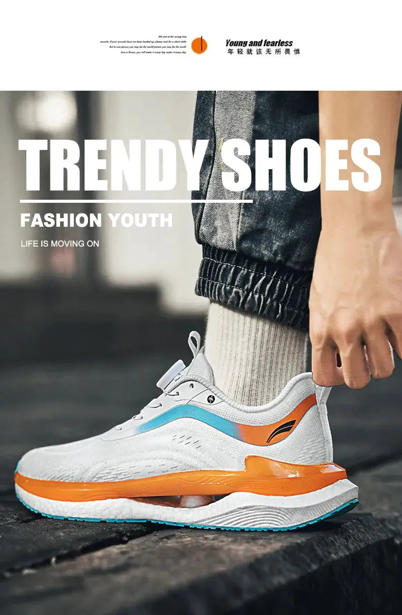 Men's white sneakers with orange midsole and blue accents