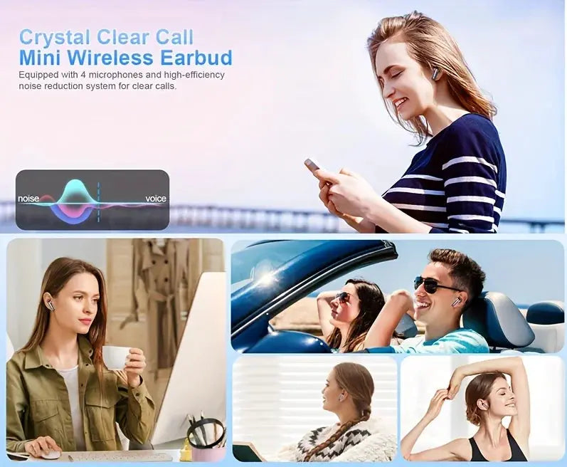 Mini wireless earbud with crystal clear call; white, worn by five people in car, at a desk, and at home
