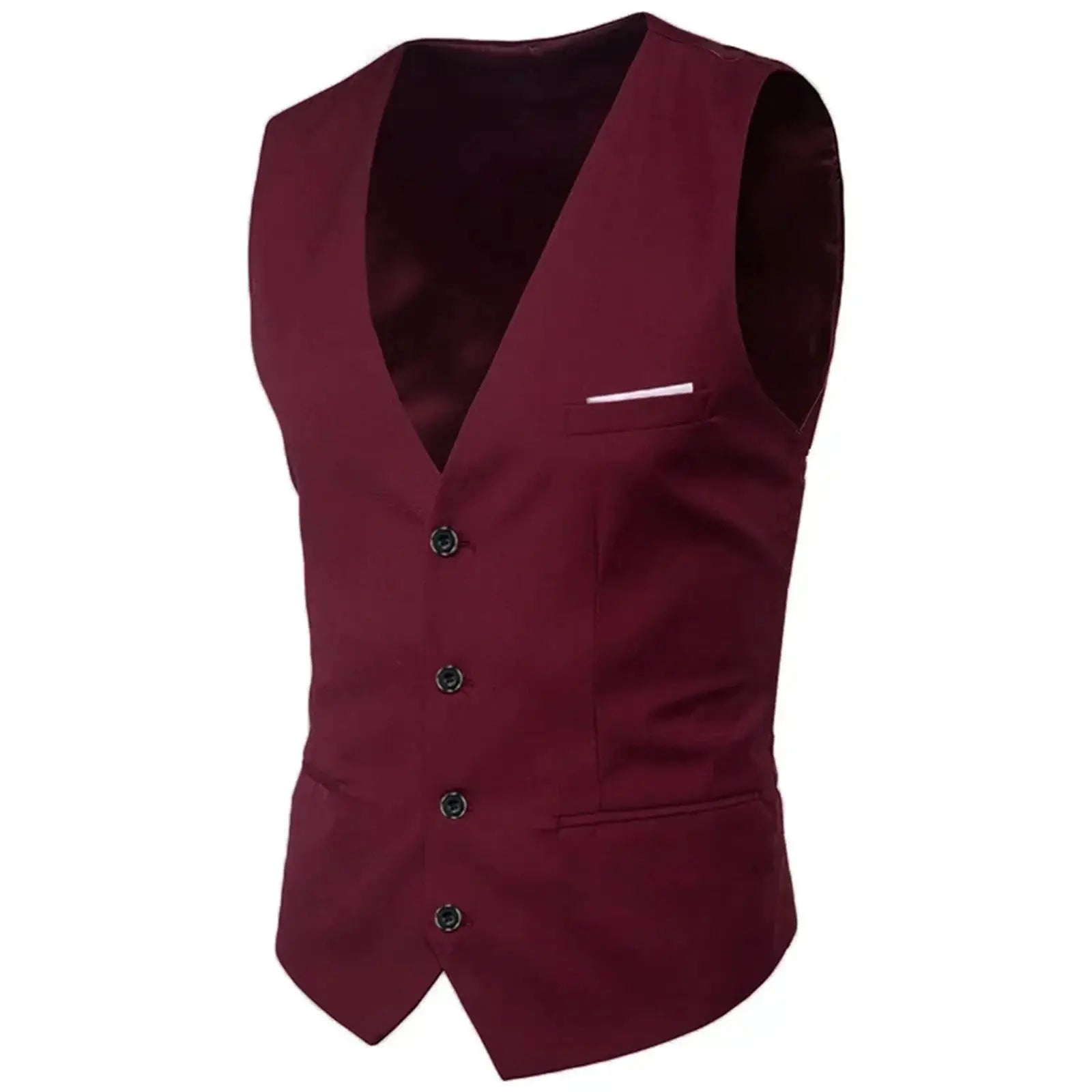 Simples Market burgundy men's suit vest waistcoat with white pocket square, button-front.