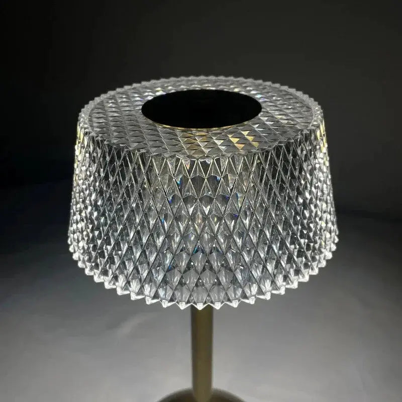 Rechargeable LED night light with a diamond-pattern glass shade on a metal bedside stem