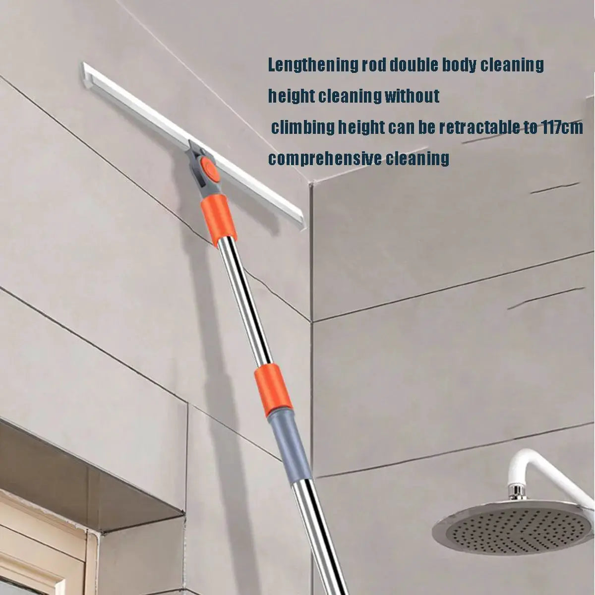 Silicone scraper broom wand with orange grip and telescoping rod for high-reach bathroom cleaning