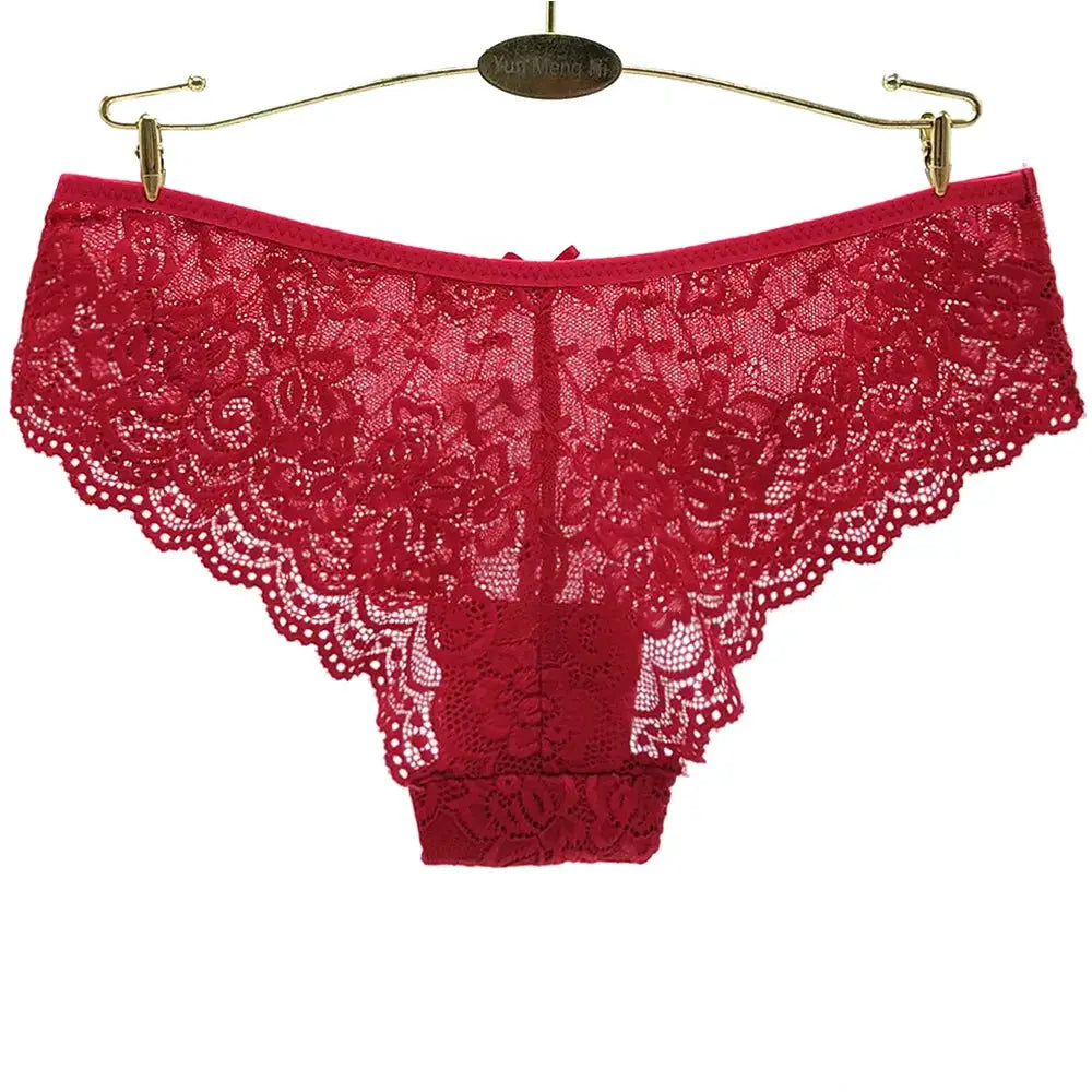 Red lace panties for women, low-rise hollow-out full lace underwear, breathable